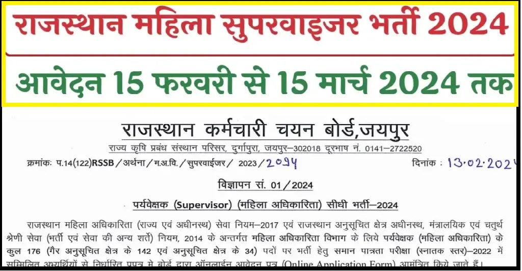 Rajasthan Women Supervisor Recruitment 2024